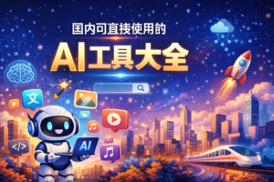 一张科技感蓝色封面图,展示国内可直接使用的 AI 工具大全主题,包含 AI 助手、办公、创作等视觉元素。