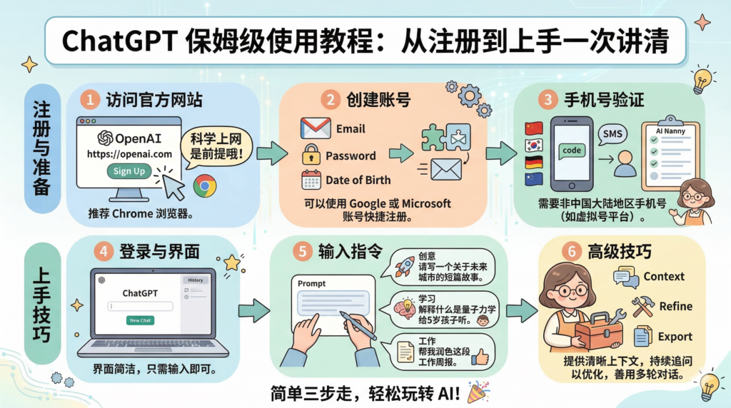 ChatGPT 保姆级使用教程首图，包含界面示意、提示词公式与新手上手路径