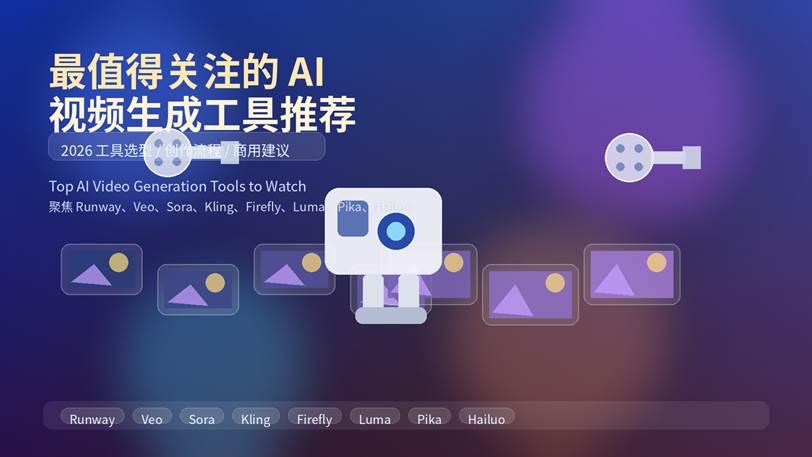 最值得关注的 AI 视频生成工具推荐封面图，包含 Runway、Veo、Sora、Kling、Firefly、Luma、Pika、Hailuo 等主流 AI 视频工具关键词