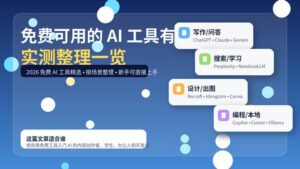 一张展示免费 AI 工具地图的封面图，涵盖写作问答、搜索学习、设计出图和编程本地四类工具。