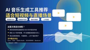 蓝色科技风封面图,主题为 AI 音乐生成工具推荐,适合短视频与直播场景。