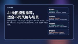 一张展示多种 AI 绘图路线的蓝紫色封面图，主题为 AI 绘图模型推荐，适合不同风格与场景。