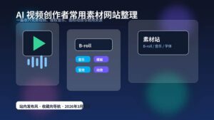 深色科技风封面，展示 AI 视频创作者常用素材网站整理主题，突出 B-roll、音乐、模板与素材站等关键词。