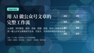 一张蓝绿色科技感封面图，标题为“用 AI 做公众号文章的完整工作流”，右侧展示选题、资料、提纲、初稿、润色、配图、排版、发布等流程节点。