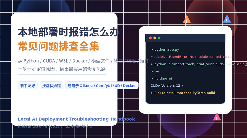 本地部署时报错怎么办常见问题排查全集封面图，展示终端报错、CUDA、Python、Docker 与模型排查元素