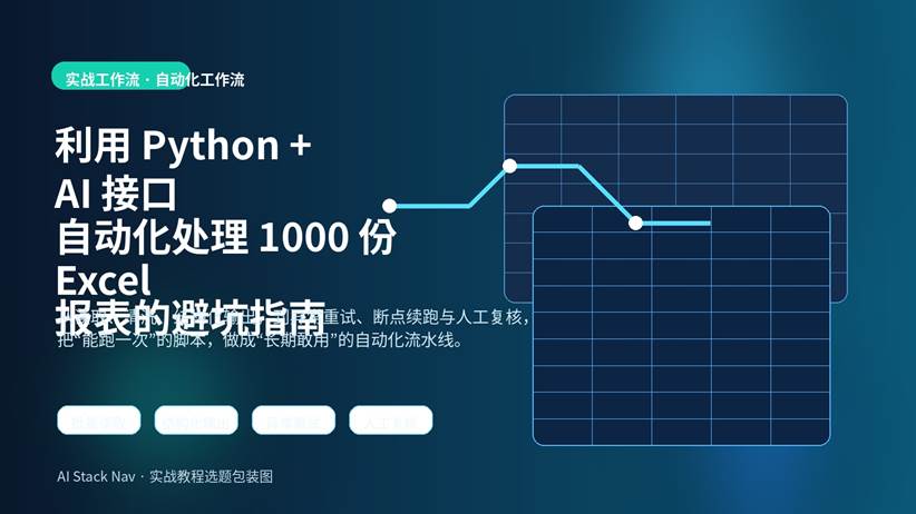 Python 与 AI 自动化处理 Excel 报表的科技感封面图，展示表格数据流、代码与分析流程。