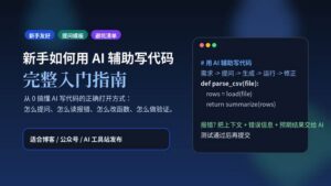 深蓝科技风封面图，主题为新手如何用 AI 辅助写代码，包含代码面板与教程标题