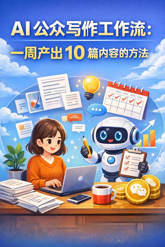 AI 公众号写作工作流封面图：作者与 AI 助手一起规划选题、写作和排期