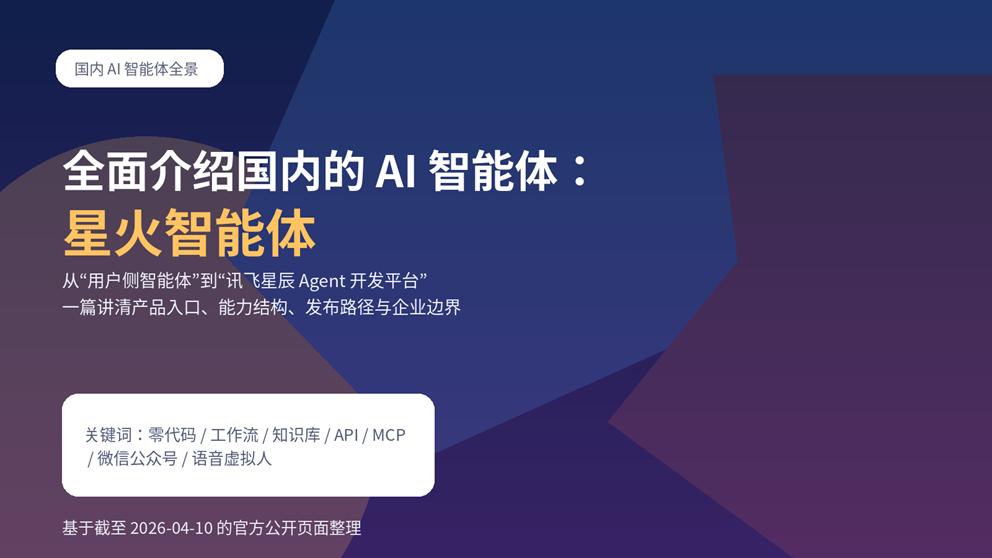 星火智能体平台全景介绍封面图，展示零代码、工作流、知识库、API 与企业落地路径