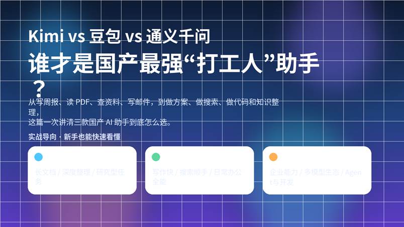 Kimi、豆包、通义千问三款国产 AI 助手对比封面图，突出打工人办公场景的选型主题