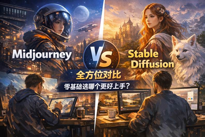 Midjourney 与 Stable Diffusion 对比封面图，突出零基础选型与 AI 绘图工具路线差异。