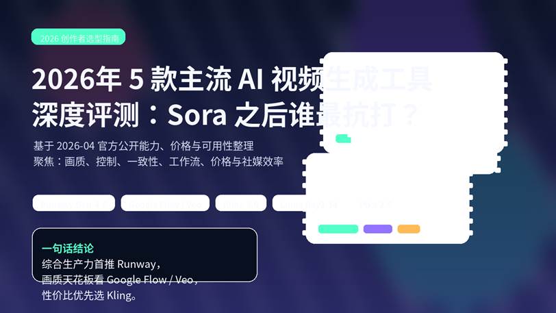 2026年 5 款主流 AI 视频生成工具深度评测封面图，包含 Runway、Google Flow / Veo、Kling、Luma、Pika