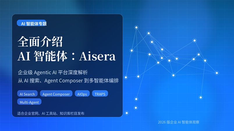 Aisera 企业级 AI 智能体平台封面图，展示 AI Search、Agent Composer、AIOps 与多智能体编排概念