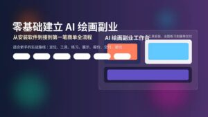 一张展示 AI 绘画副业流程的科技感封面图，包含软件界面、作品案例与从安装到接单的成长路径