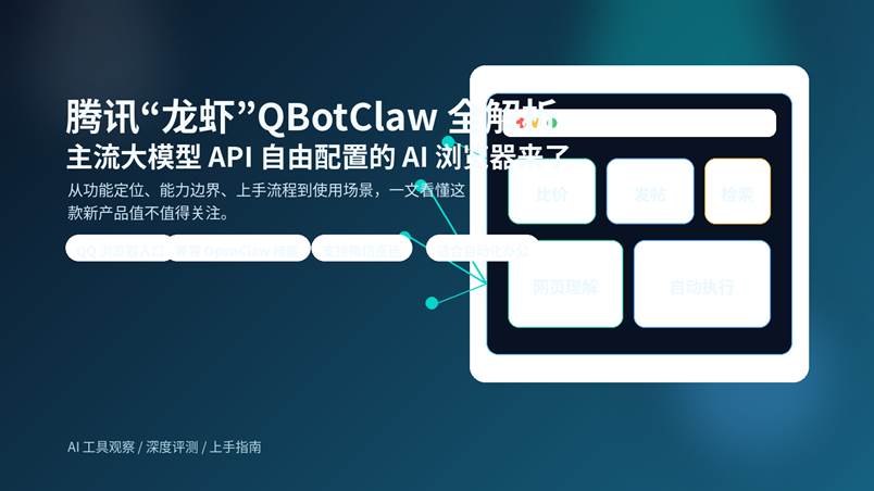腾讯“龙虾”QBotClaw AI 浏览器封面图，突出主流大模型 API 自由配置、浏览器执行能力与微信直连