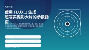 FLUX.1 超写实摄影参数指南封面图,突出摄影镜头、蓝紫科技氛围与教程属性