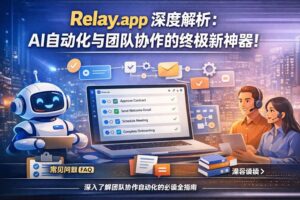 Relay.app AI 自动化与团队协作平台封面图，突出可视化工作流、AI 智能体与团队审批协同
