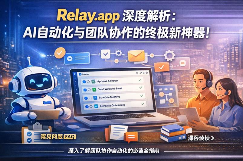 Relay.app AI 自动化与团队协作平台封面图，突出可视化工作流、AI 智能体与团队审批协同