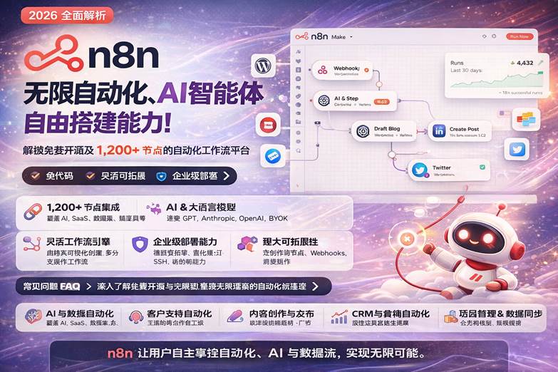 n8n 全面解析封面图，展示开源自动化、AI 智能体与可视化工作流