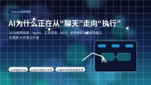 AI从聊天走向执行的趋势封面图，展示智能体、工具调用、MCP、世界模型与具身智能