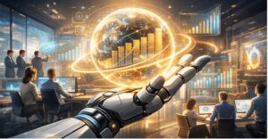 2026年AI趋势封面图，展示企业团队与 AI 智能体协同，把模型能力真正接入业务系统与流程