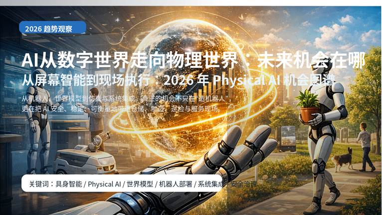 AI从数字世界走向物理世界主题封面图，展示机器人、数字孪生与真实场景融合的未来机会