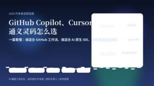 GitHub Copilot、Cursor、通义灵码对比封面图，展示 2026 年 AI 编程助手选型主题
