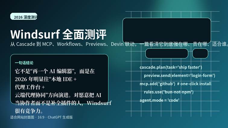 Windsurf 全面测评封面图，展示 AI IDE、Cascade、MCP、工作流与开发效率主题