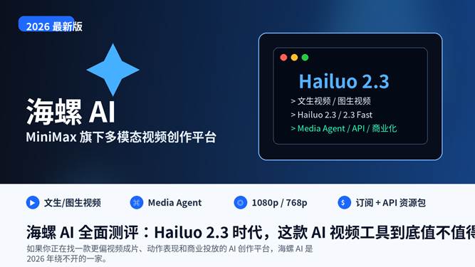 海螺 AI 全面测评封面图，展示 Hailuo 2.3、Media Agent 与 AI 视频生成能力