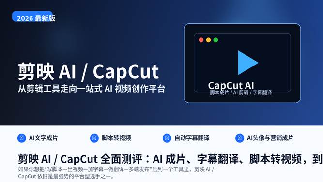 剪映 AI / CapCut 全面测评封面图，展示 AI 成片、字幕翻译与脚本转视频能力