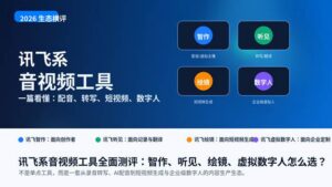 讯飞系音视频工具全面测评封面图，展示智作、听见、绘镜和虚拟数字人四条产品线