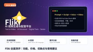 Fliki 全面测评封面图，展示 AI 视频生成、AI 配音、数字分身和短视频批量创作能力