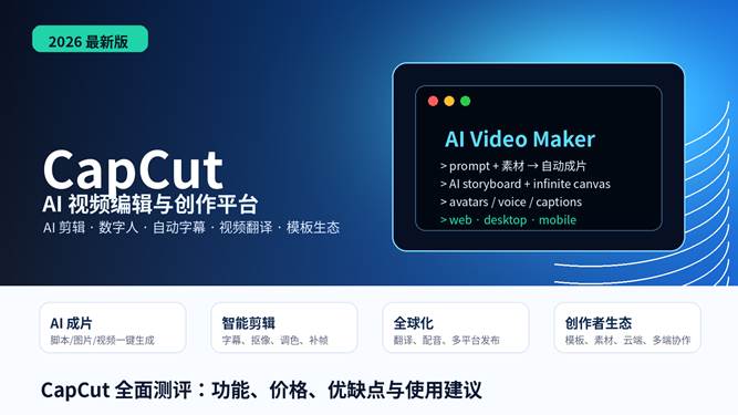 CapCut 全面测评封面图，展示 AI 视频生成、AI 剪辑、自动字幕和视频翻译能力