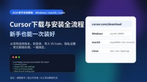 Cursor下载与安装全流程封面图，包含Windows、macOS、Linux版本选择和安装步骤提示