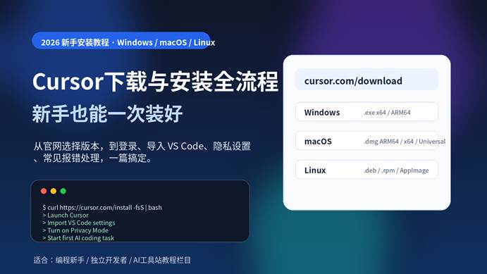 Cursor下载与安装全流程封面图，包含Windows、macOS、Linux版本选择和安装步骤提示