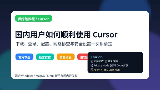 一张展示 Cursor 国内使用流程的科技风封面图，包含下载、登录、配置、网络排查与隐私模式等关键词。