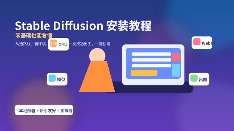 Stable Diffusion 安装教程封面图，展示从选路线、装环境到第一次成功出图的完整入门流程。