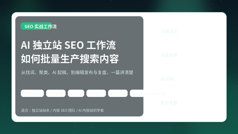AI 独立站 SEO 工作流：如何批量生产搜索内容的封面图，展示关键词池、内容聚类、AI 起稿与复盘流程