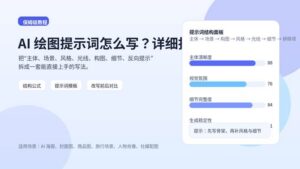 AI 绘图提示词写作教程封面图，展示提示词结构面板、风格控制和反向提示概念
