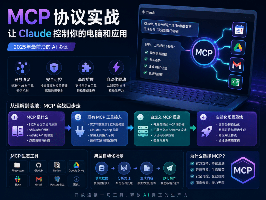 MCP协议实战：让Claude控制你的电脑和应用 MCP是什么→现有MCP工具接入→自定义MCP搭建→实际自动化场景落地，2025年最前沿的AI协议
