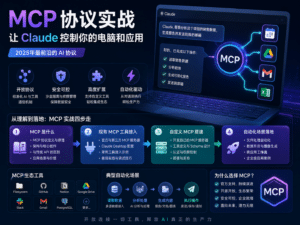 MCP 协议实战完整教程封面图 · 让 Claude 控制电脑和应用 · 从协议原理到自定义 MCP Server 搭建 · 靛蓝青色配色 · AI Stack Nav 出品