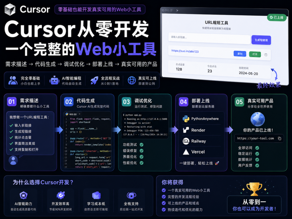 Cursor从零开发一个完整的Web小工具 完全零基础视角，从需求描述→代码生成→调试→部署上线，最终产出一个真实可用的产品