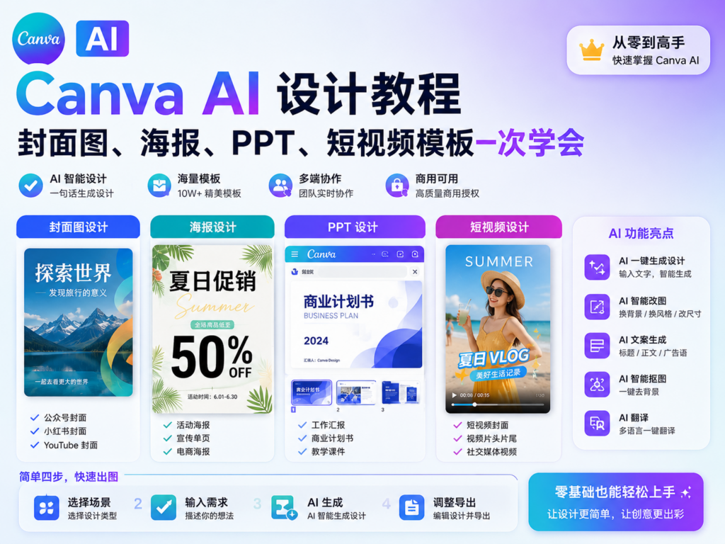 Canva AI 设计教程：封面图、海报、PPT、短视频模板一次学会