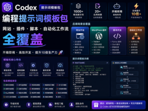 Codex 编程提示词模板包封面，展示网站、插件、脚本和自动化工作流模块