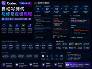 Codex 自动写测试与修复报错教程封面图，展示从报错日志、自动生成测试到回归验证和 CI 交付的完整流程。