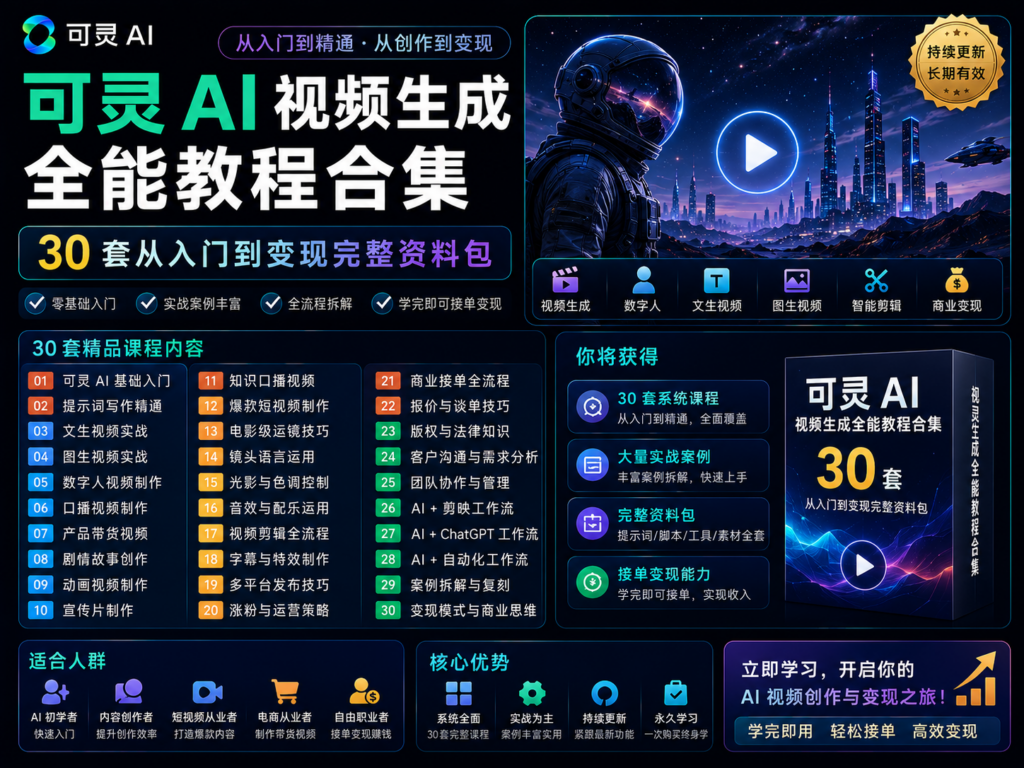 《可灵 AI 视频生成全能教程合集:30 套从入门到变现完整资料包》