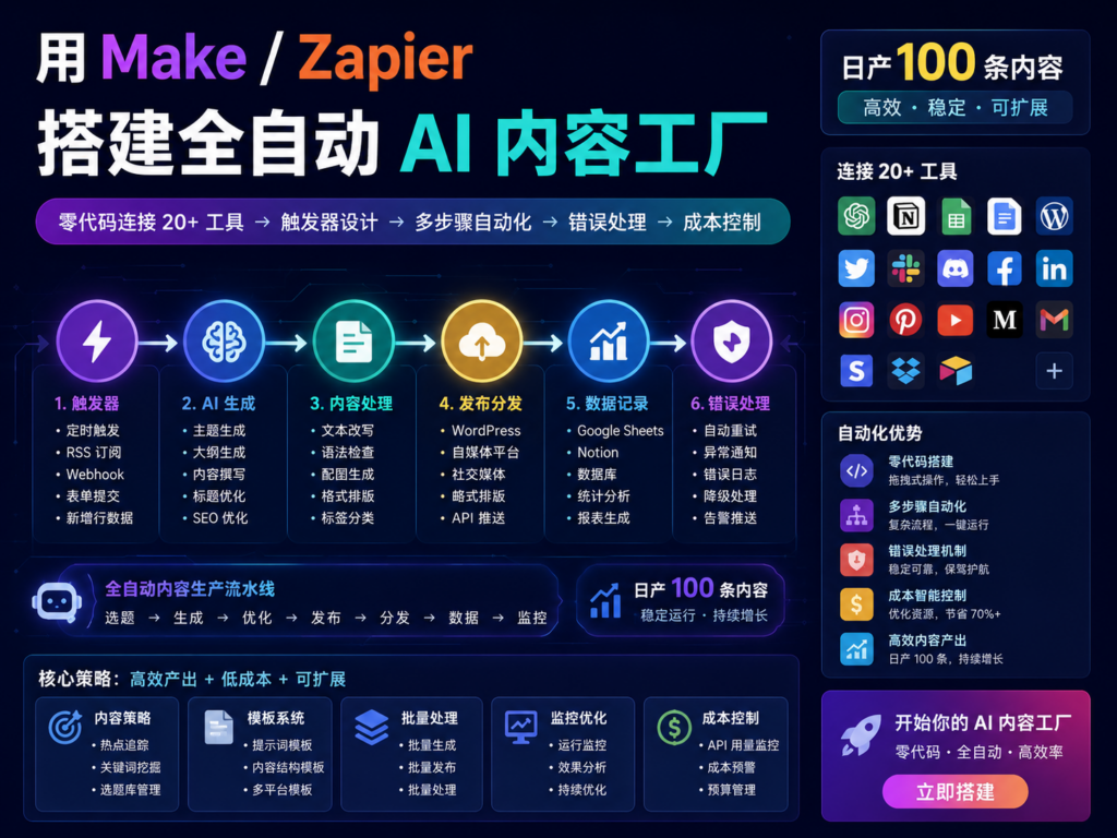用Make/Zapier搭建全自动AI内容工厂 零代码连接20+工具→触发器设计→多步骤自动化→错误处理→成本控制，日产100条内容的流水线