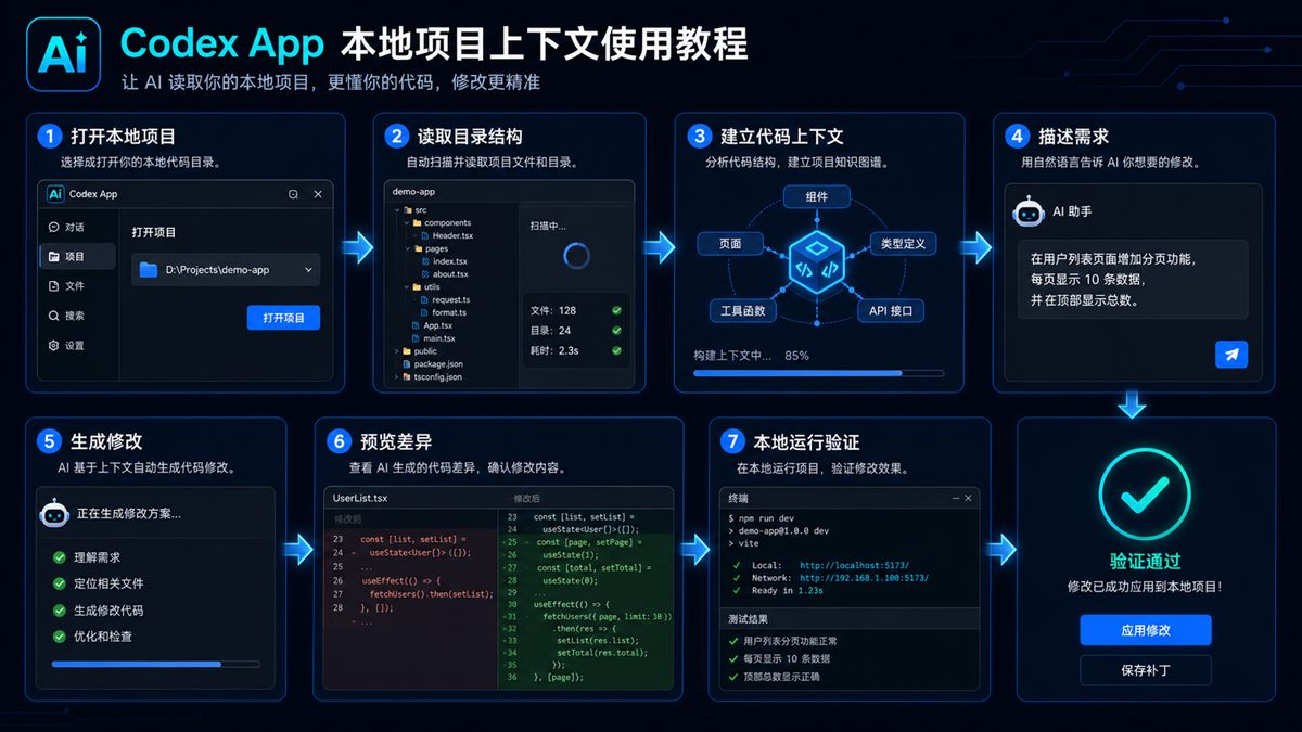 Codex 读取本地项目上下文并根据规则完成修改的流程示意图