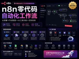 📦 ZIP 内含 4 个文件（全英文命名，兼容性最强）： 文件大小说明n8n_tutorial_PDF.pdf288 KBn8n橙色工作室风格，9章完整教程n8n_tutorial_Notion.md27 KB完整教程含所有代码，一键导入 Notionn8n_tutorial_Feishu.md3 KB章节速览+节点速查+部署对比README.md2 KB快速导入指南 📖 9章内容全景，国内目前最详细的中文 n8n 教程： 章节核心内容01 🌐 认识 n8n是什么、vs Zapier/Make 对比、国内使用注意事项02 🚀 三种部署方案n8n Cloud / Docker 自托管（含 PostgreSQL+Caddy HTTPS）/ Railway 免费托管03 🧩 核心概念与界面编辑器解读、JSON 数据格式、6类核心节点详解04 🔑 凭证管理API Key 安全存储、DeepSeek/飞书/GitHub 凭证配置05 🤖 接入 AI 工具DeepSeek 完整调用配置、OpenAI 内置节点、AI Agent 节点使用06 ⏰ 定时与触发器Schedule Trigger、Cron 表达式完整语法、Webhook 安全配置、时区设置07 ⚡ 实战案例一AI 内容自动生产：热点抓取→DeepSeek生成→飞书推送，含完整节点配置08 📊 实战案例二数据监控告警：每小时检查→异常推送企微，含 JS 告警逻辑代码09 🔧 调试与运维Execution 历史、单节点测试、常见报错速查、版本管理