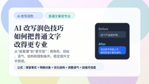 AI 改写润色技巧封面图，展示普通文字变成专业表达的提示词教程